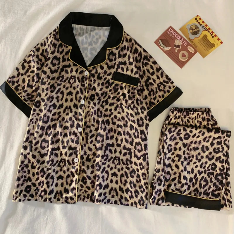 Home Women's Casual Leopard Satin Shorts Sets Pajama Sets