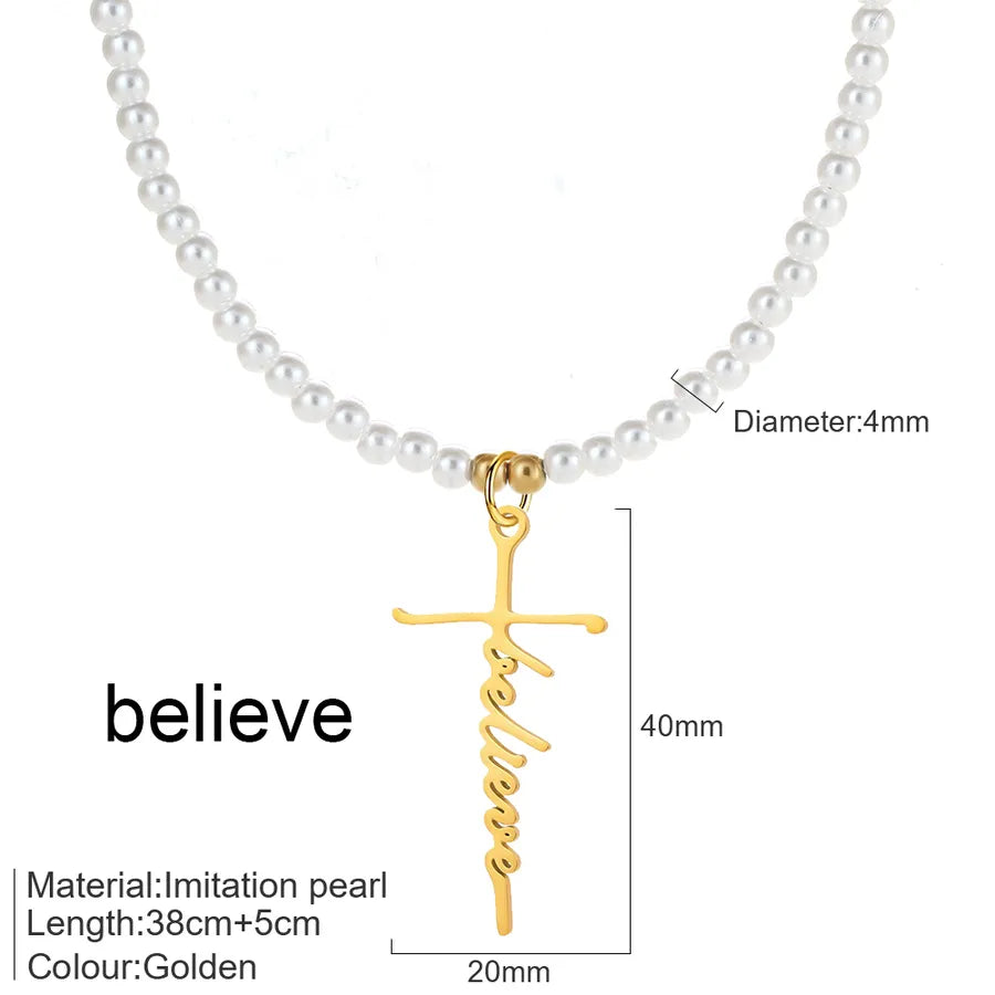 Elegant Simple Style Cross Letter 304 Stainless Steel Imitation Pearl Beaded Chain Beaded Necklaces Wholesale