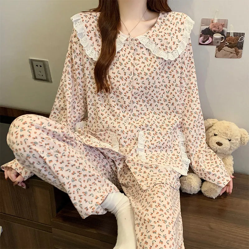 Sweet Cherry Cloud Cotton Long Sleeve Spring Home Clothes Set For Girls Comfortable Breathable Sleepwear Casual Style