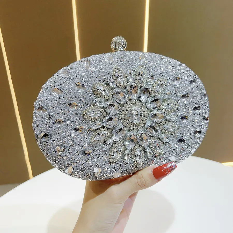 Elegant Diamond Embellished Mini Crossbody Evening Bag Luxury Polyester Round Cylinder Shape Fashion Chain Element
