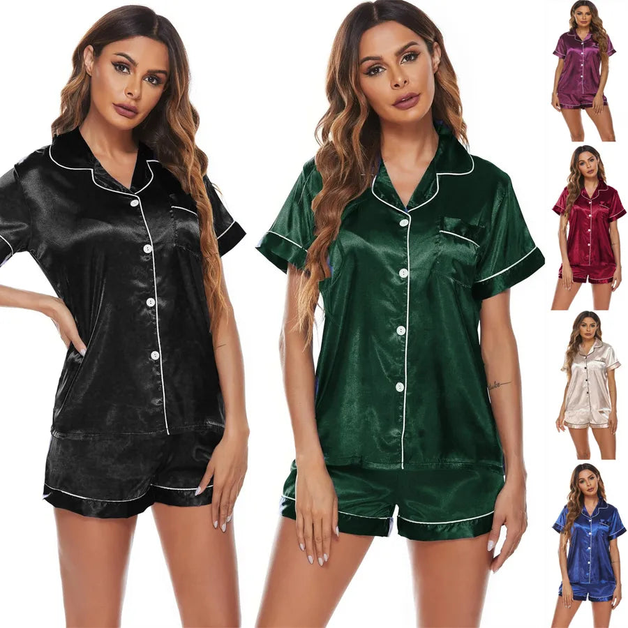women's simple style solid color polyester button shorts sets