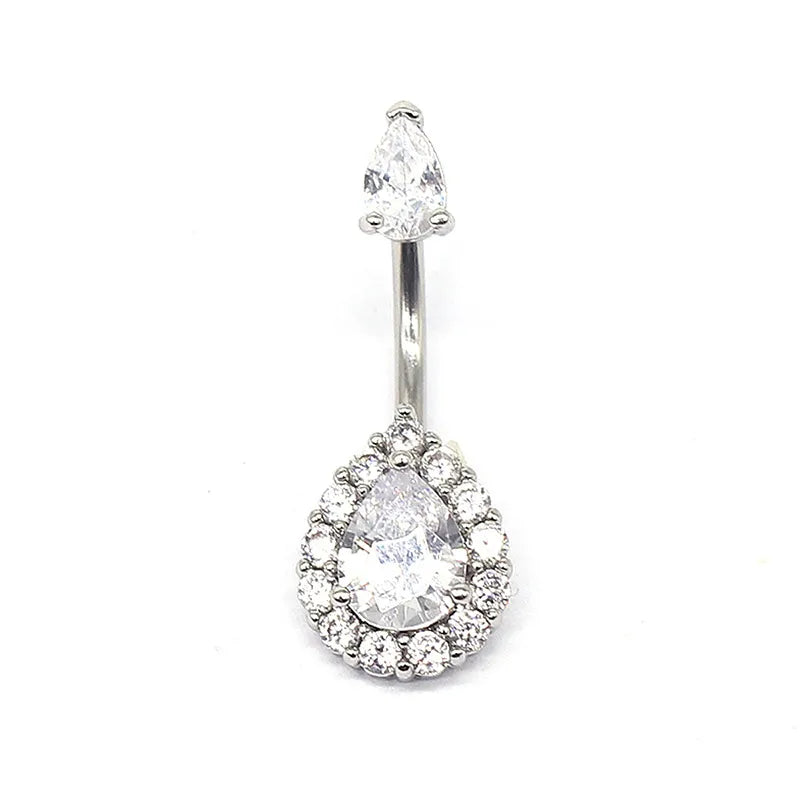 simple style heart shape stainless steel rhinestone zircon white gold plated belly ring
