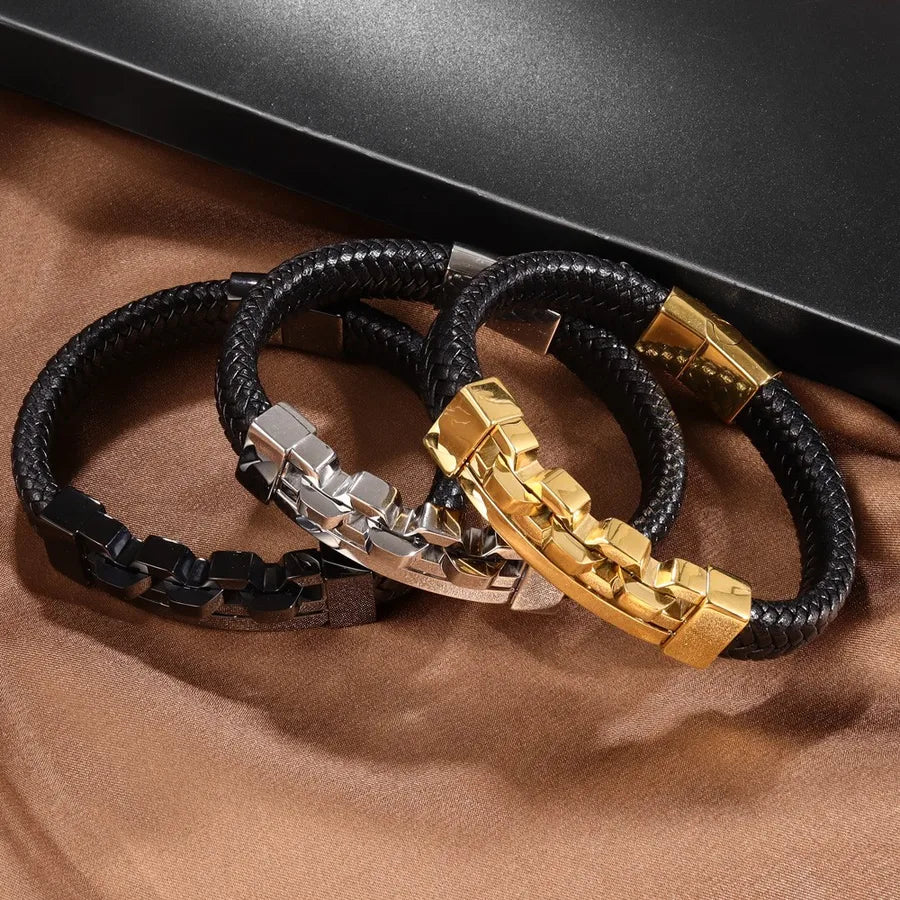 Hip-Hop Geometric Pu Leather Alloy Magnetic Men's Bracelets Men Cord & Leather Bracelets