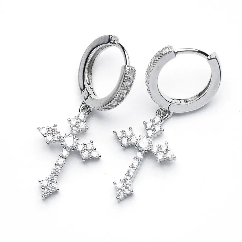 1 pair hip-hop cross inlay copper zircon white gold plated drop earrings