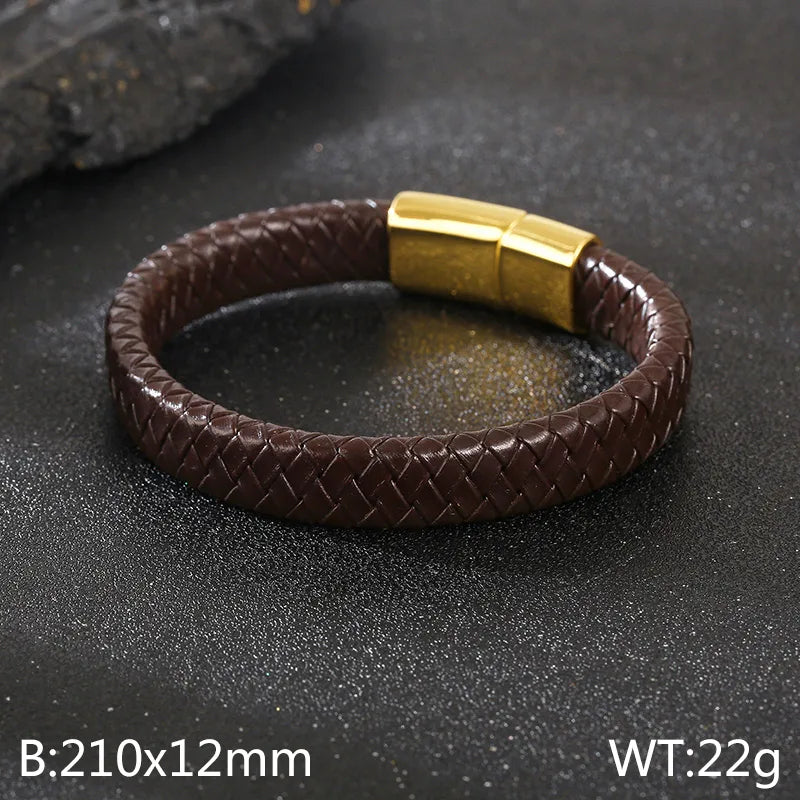 Business Retro Solid Color Stainless Steel Leather 18K Gold Plated Men's Bangle