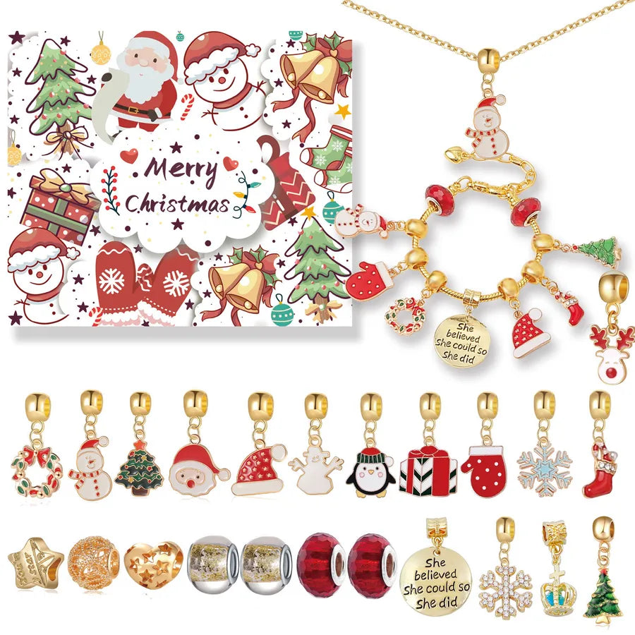 Christmas Themed Bead Bracelet Necklace Set Countdown Calendar Accessories DIY Original Design Alloy Santa Snowman Deer Gifts
