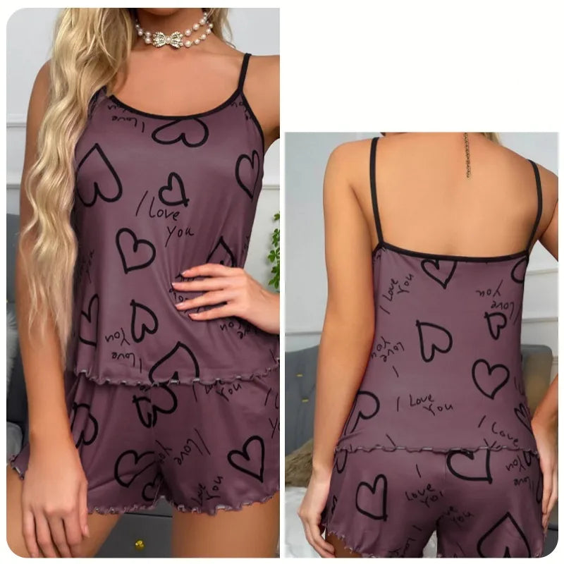 Home Women's Vacation Simple Style Heart Shape Nylon Shorts Sets Pajama Sets