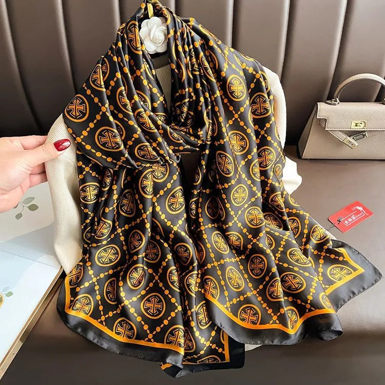 women's fashion letter plaid satin printing silk scarves