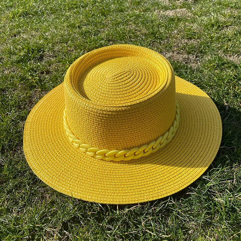 women's simple style solid color chain flat eaves sun hat
