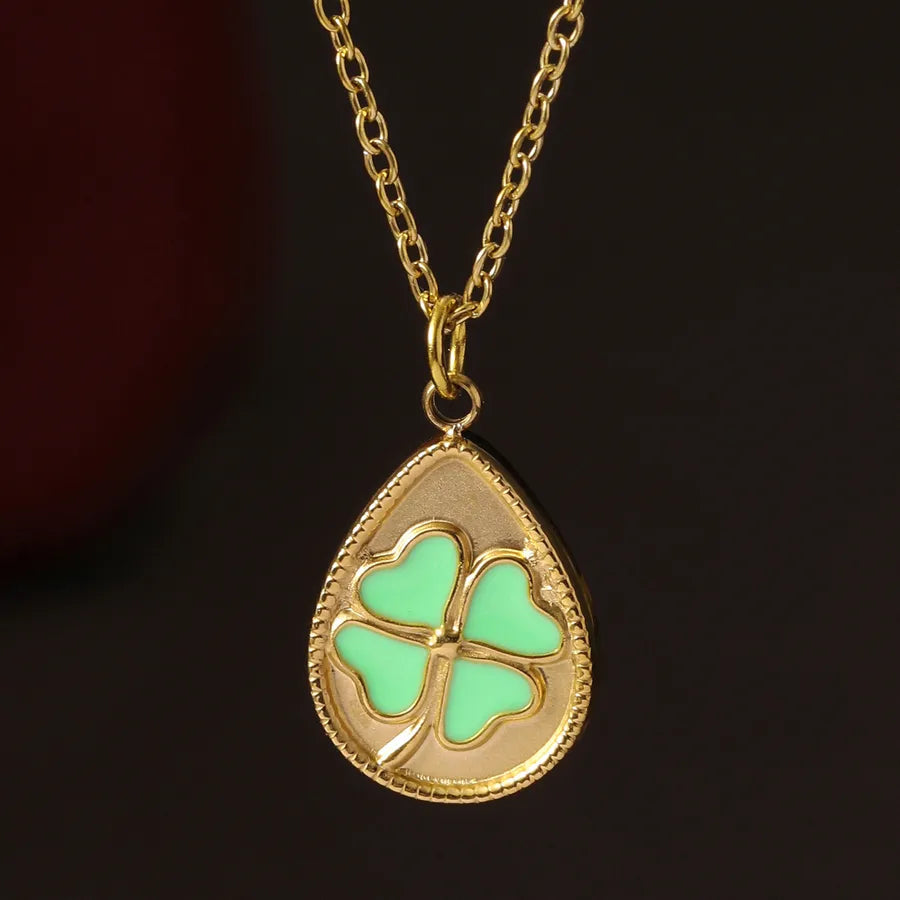 14K Gold Plated Titanium Steel Four Leaf Clover Lucky Pendant Necklace Women's Fashion Stainless Steel Jewelry Waterdrop Shape