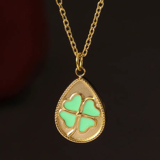 14K Gold Plated Titanium Steel Four Leaf Clover Lucky Pendant Necklace Women's Fashion Stainless Steel Jewelry Waterdrop Shape