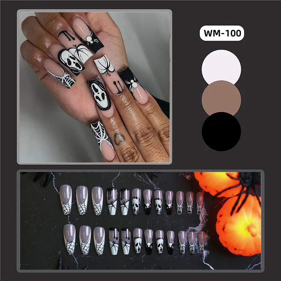 24 pcs/box Wholesale White Spider Skull Patterned Nails Halloween Press on Nail