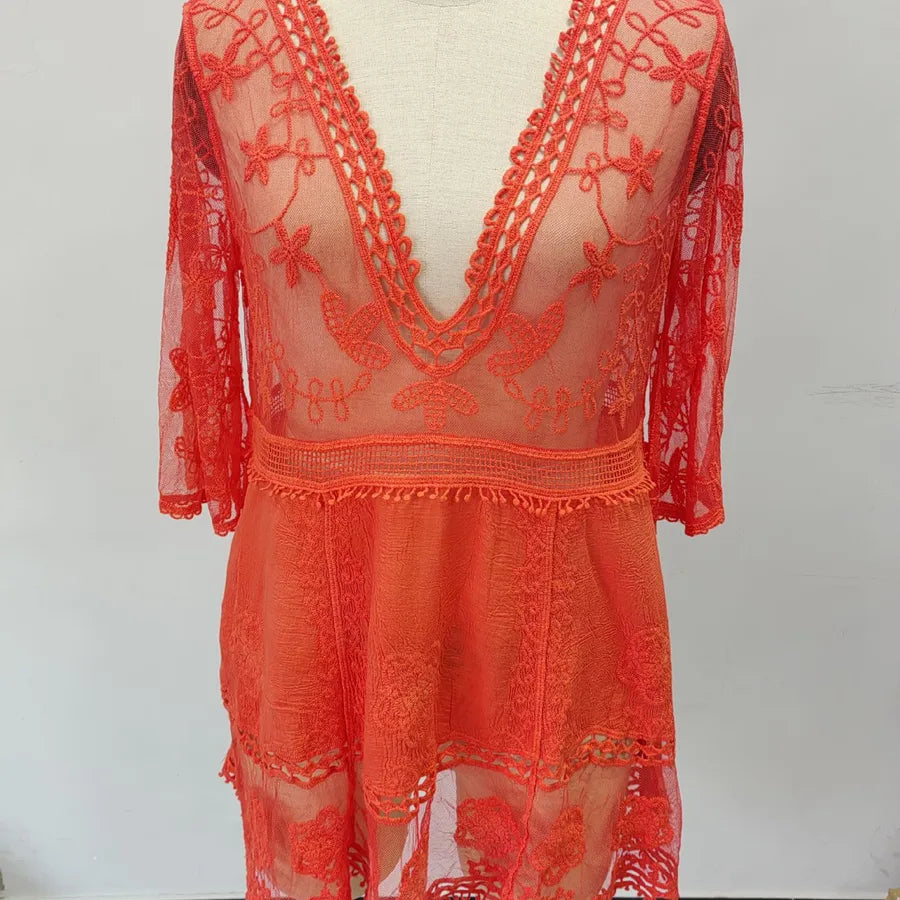Women's Vacation V Neck Half Sleeve Solid Color Flower Holiday Beach
