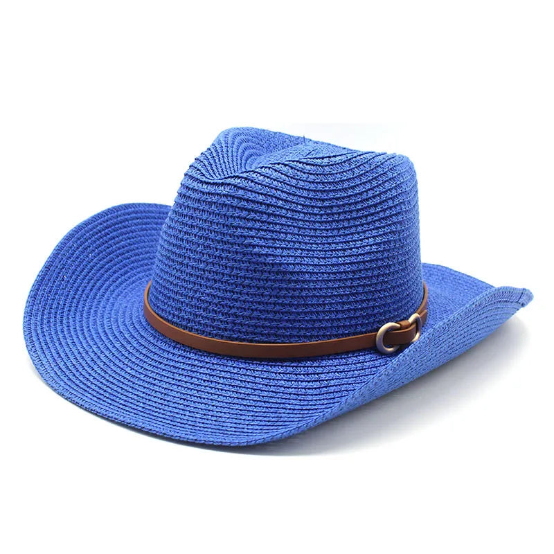 women's cowboy style solid color flat eaves straw hat