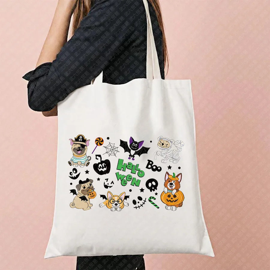 Halloween Movie Pattern Canvas Tote Bag Reusable Shopping Shoulder Bag Travel Large Square Printed Handbag Retro Style Women