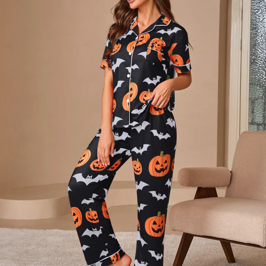 European Style Halloween Print Sleepwear Set Women's Short Sleeve Shirt And Long Pants Home Clothes Fashionable And Comfortable