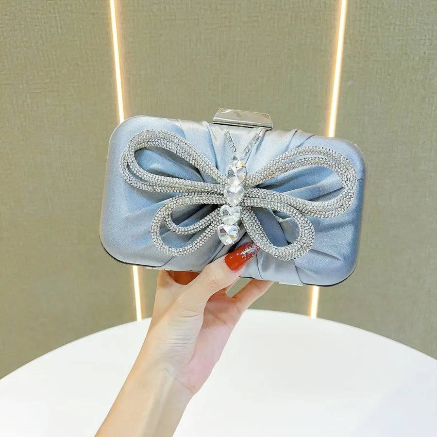 Elegant Diamond Butterfly Knot Clutch Bag Shoulder Crossbody Bag For Women Party Dinner Bag Silk Square Handbag Fashionable