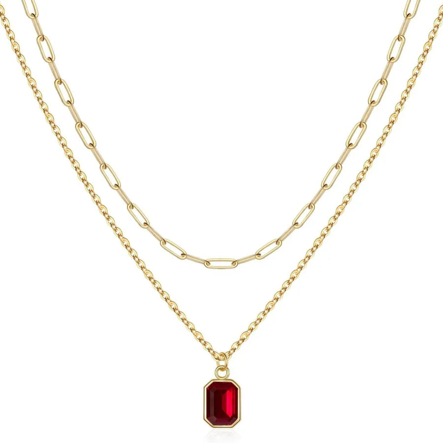 Wholesale Jewelry Lady Simple Style Shiny Rectangle 304 Stainless Steel Zircon 18K Gold Plated Paperclip Chain cable chain Double Layer Necklaces