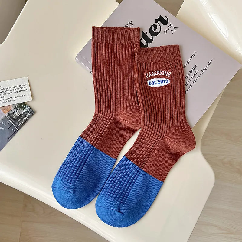 women's lady sweet color block cotton crew socks a pair