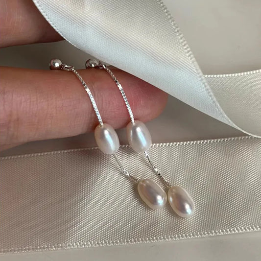 1 Pair 925 Sterling Silver Freshwater Pearl Geometric Drop Earrings
