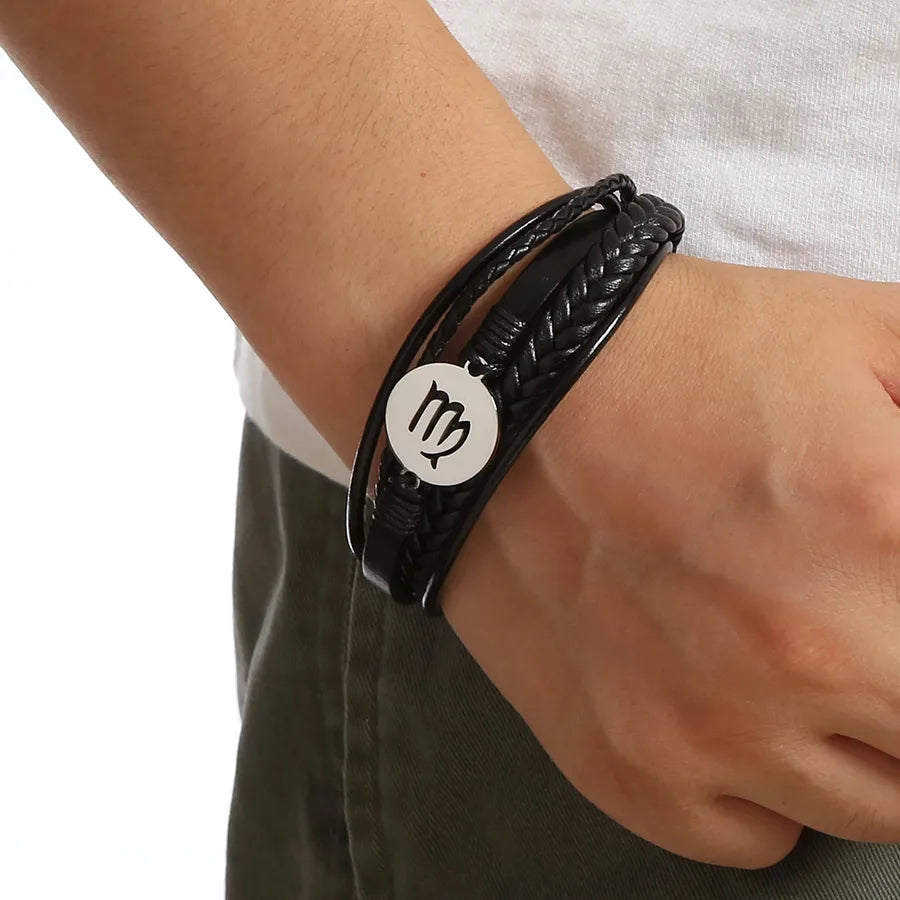 Simple Style Constellation 316 Stainless Steel  Pu Leather Layered Men's Bangle