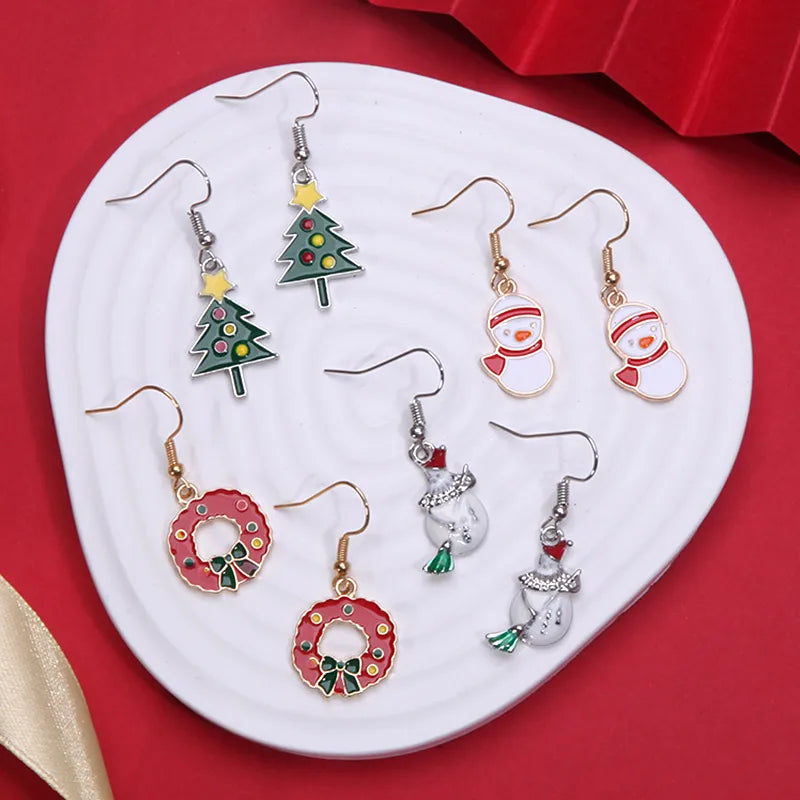 Fashionable Minimalist Christmas Series Earrings Women's Bell Drop Oil Flower Ring Snowman Christmas Tree Santa Claus Ear Jewelry