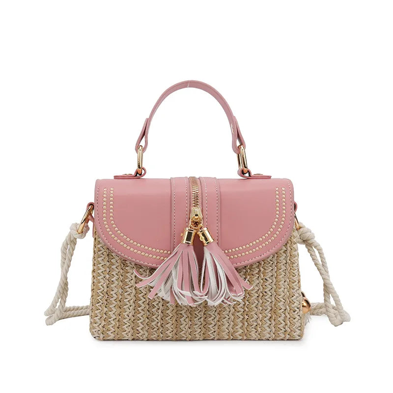 Women's PU Straw Splicing Vintage Style Vacation Square Magnetic Buckle Handbag Crossbody Bag
