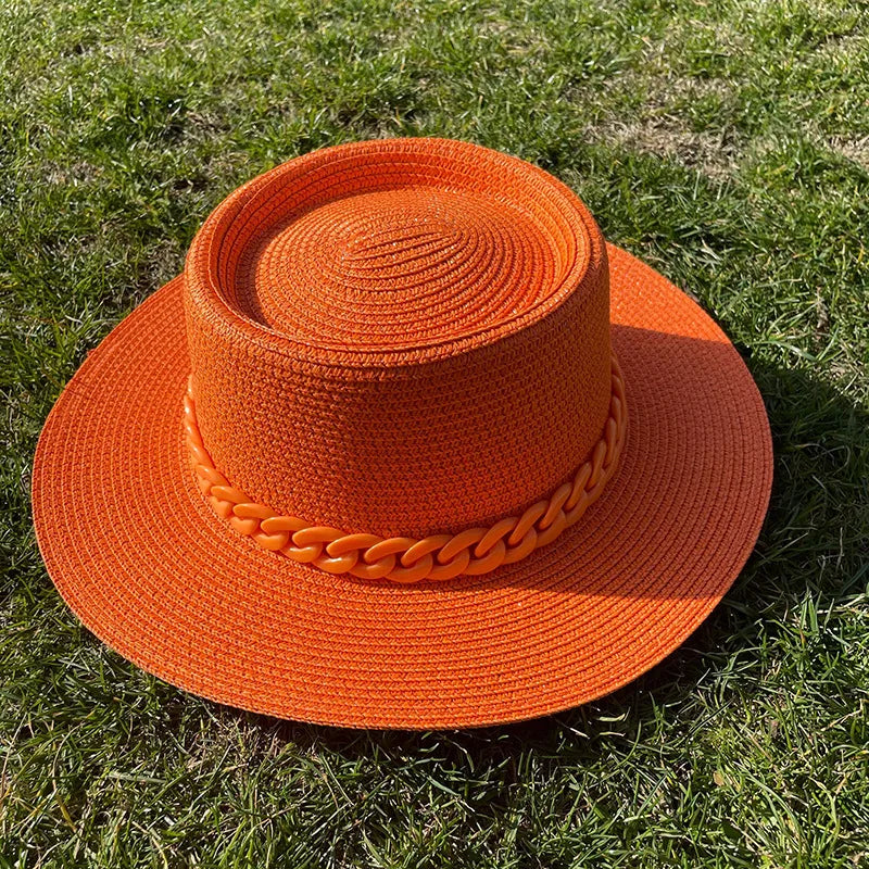 women's simple style solid color chain flat eaves sun hat