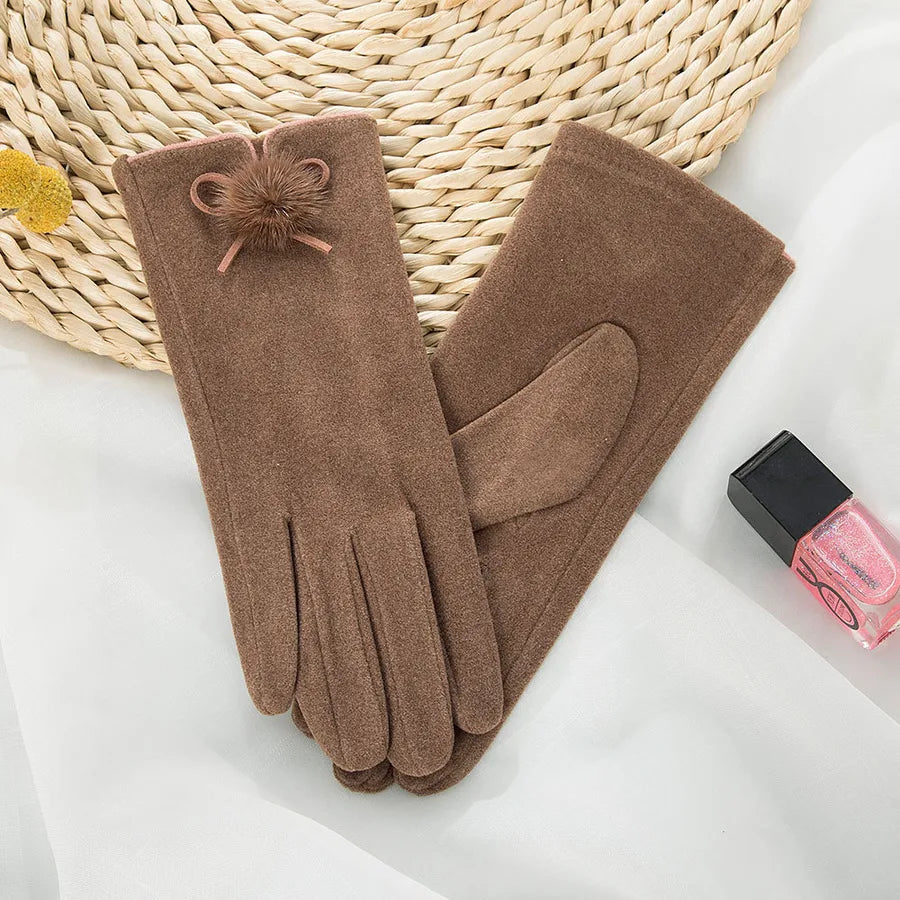 Fashionable Warm Ladies' Velvet Touchscreen Gloves Cute Ball Driving Outdoor Cycling Cold Proof Winter Hand Warmers