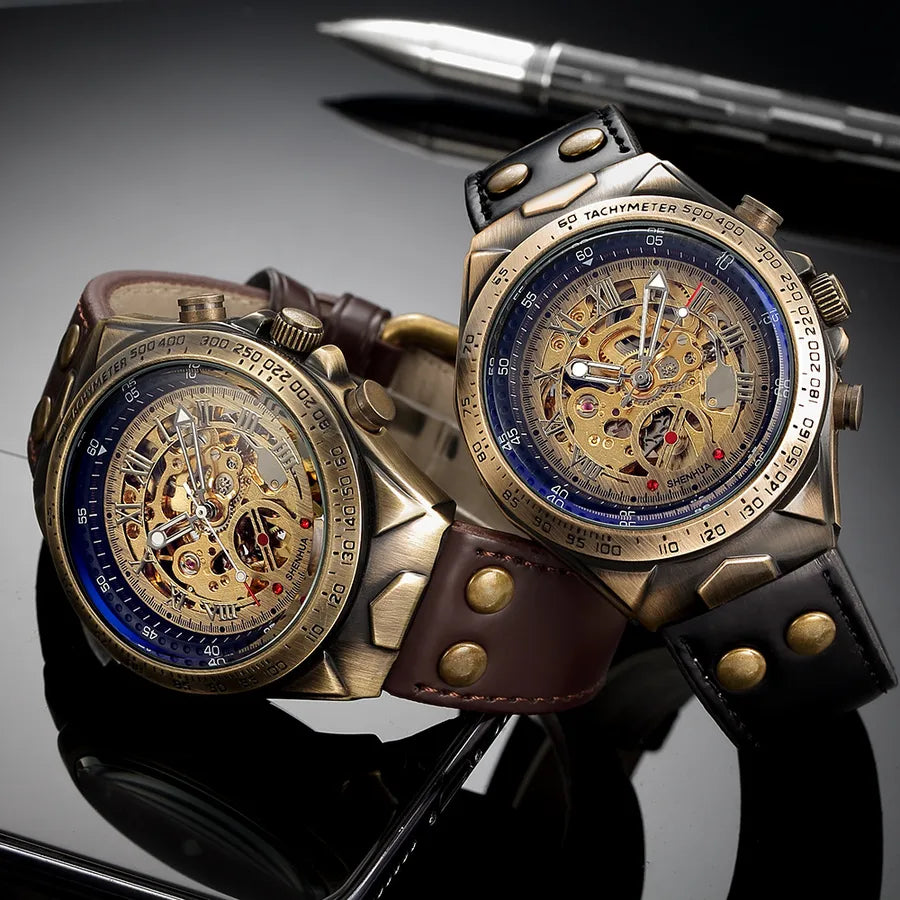 Retro Color Block Butterfly Double Snap Buckle Mechanical Watch Men's Watches
