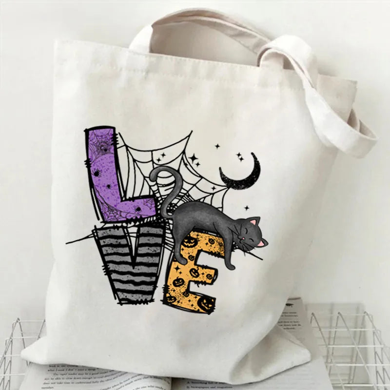 Halloween Cartoon Pumpkin Decorative Canvas Bag Student Handbag Shopping Commuter Bag Large Square Fashion Tote Bag