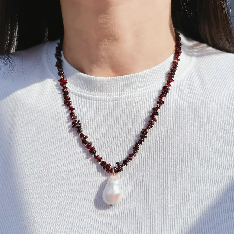 Vacation Geometric natural stone Baroque Pearls Brass 24K Gold Plated Beaded Chain Pendant Necklace In Bulk
