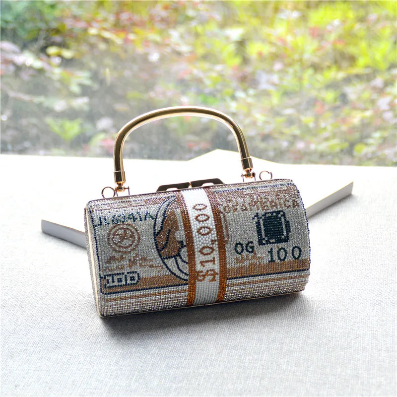 Red Blue Pink Cotton Rhinestone Rubber Drill Color Block Cylindrical Evening Bags
