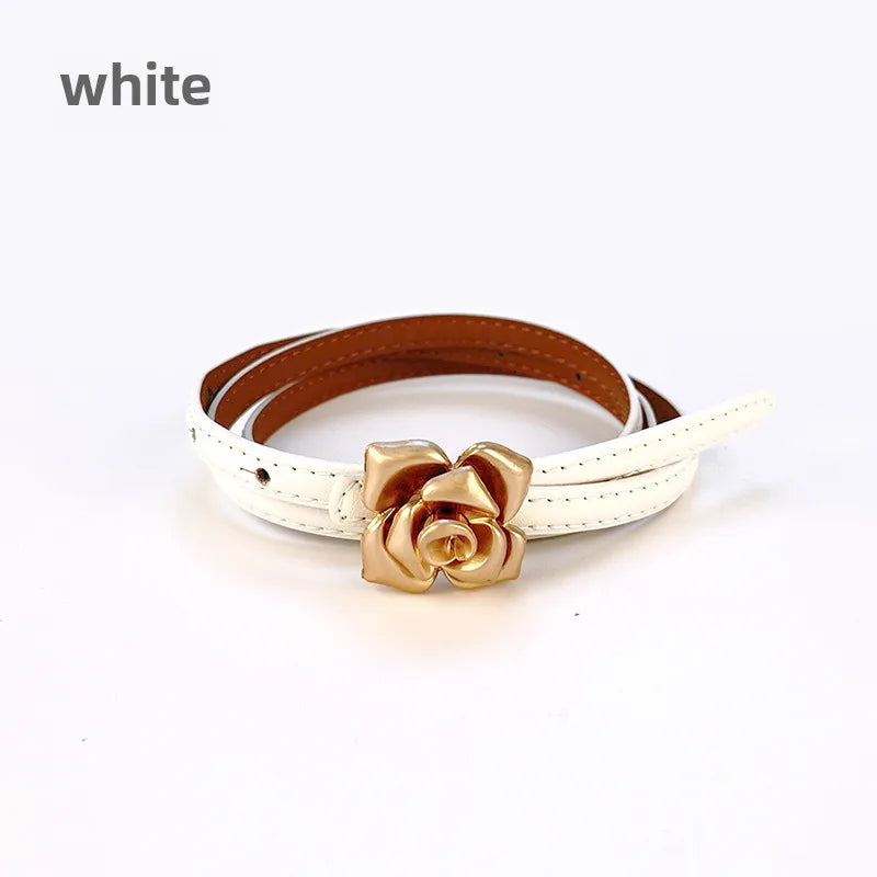 New Genuine Leather Women's Thin Belt Women's Flower Waist Slim Cowhide Women's Belt with Sweater Dress