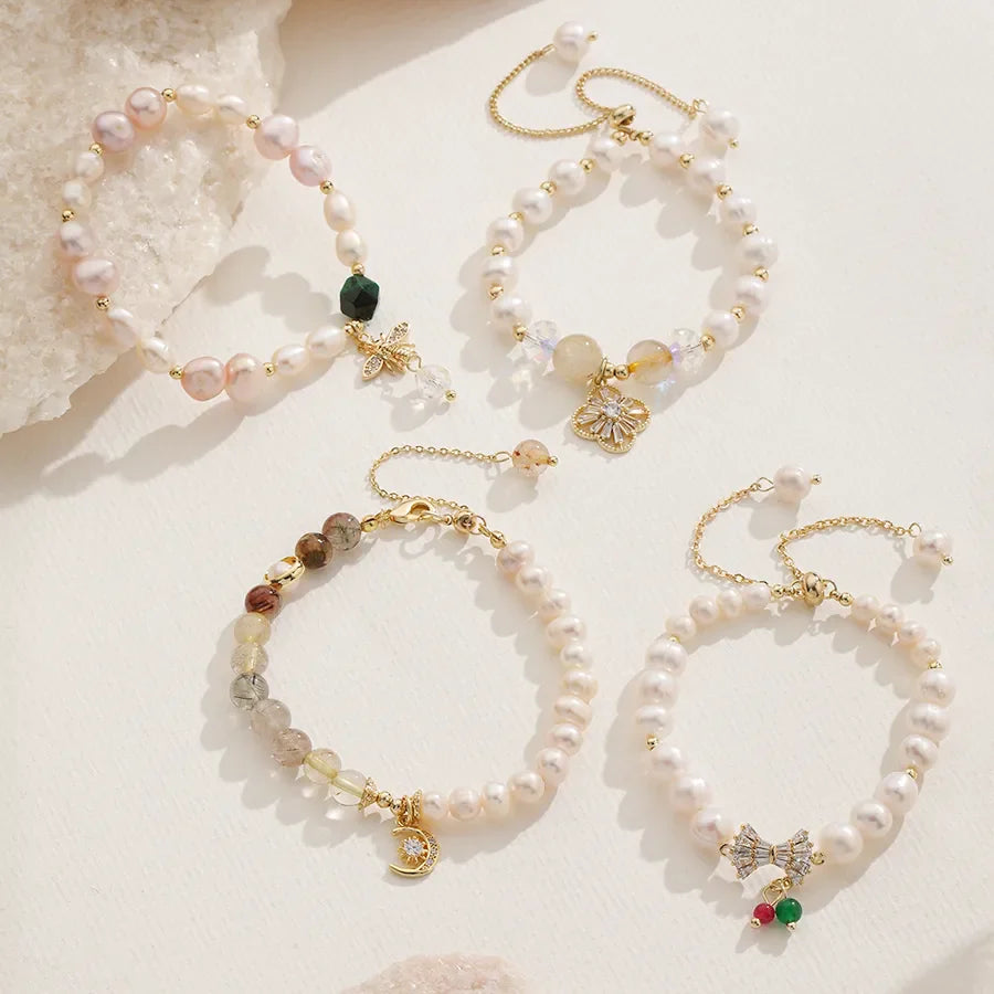 Elegant Luxurious Geometric natural stone Freshwater Pearl Copper Zircon Bracelets In Bulk