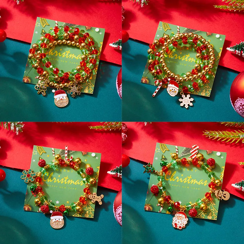 Christmas Themed Elastic Bracelet Set Santa Claus Snowflake Pendant Beaded Style Hand Chain Festive Jewelry Accessory