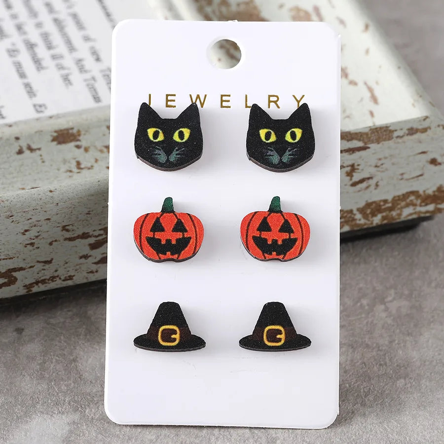 Wooden Vintage Halloween Party Ear Studs Set For Women Bat Pumpkin Witch Hat Skeleton Black Cat Design Stainless Steel Post