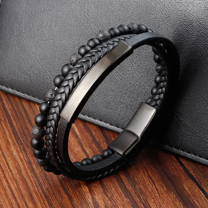 Vintage Style Classic Style Geometric Pu Leather natural stone Titanium Steel Woven Chain Wrap Bracelets Wholesale