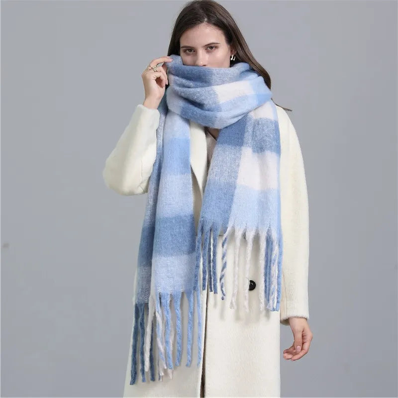 women's casual plaid imitation cashmere tassel scarf