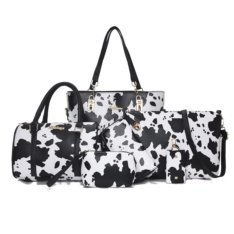 Women's Large Pu Leather Cow Pattern Streetwear Square Zipper Shoulder Bag Handbag Tote Bag