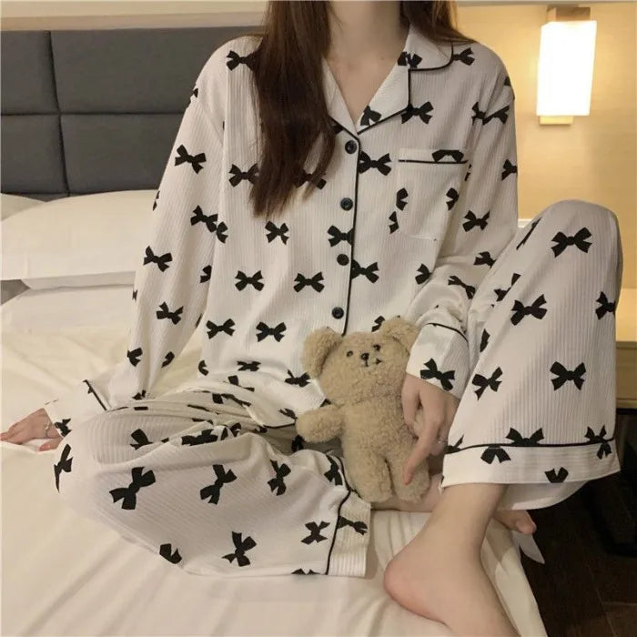 Spring Autumn Women's Long Sleeve Thin Casual Comfortable Home Clothes Set Polyester Milk Silk Medium Weight Sleepwear