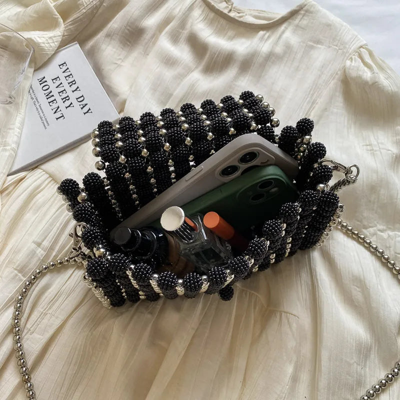 Black Arylic Solid Color Beading Weave Square Evening Bags
