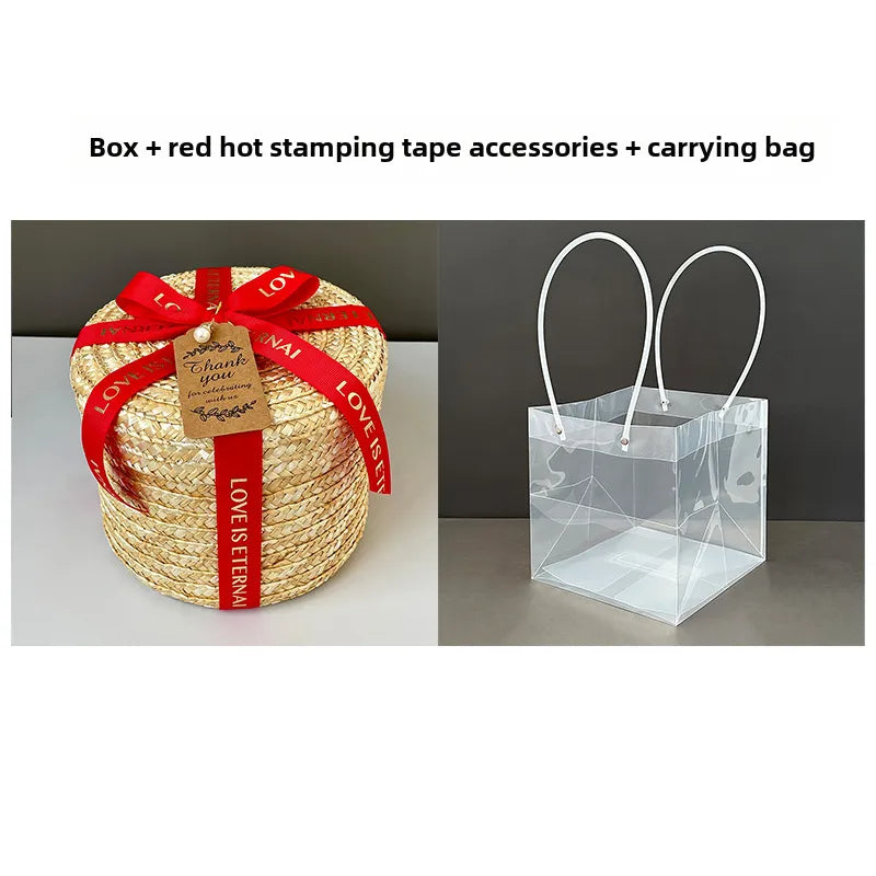 Round Straw Box with Lid Hug Bucket Rattan Hand Gift Box Baking Wedding  Storage Handmade Woven Box