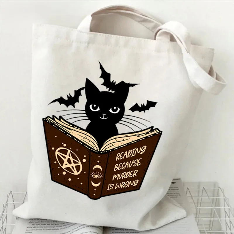 Halloween Printed Canvas Bag Single Shoulder Foldable Handbag Shopping Bag Large Size Square Shape Tote Bag With Double Strap