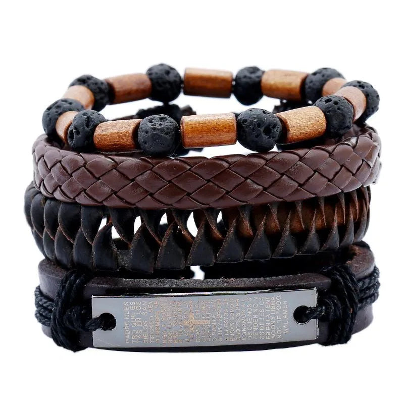 retro geometric pu leather wooden beads hemp rope braid men's bracelets