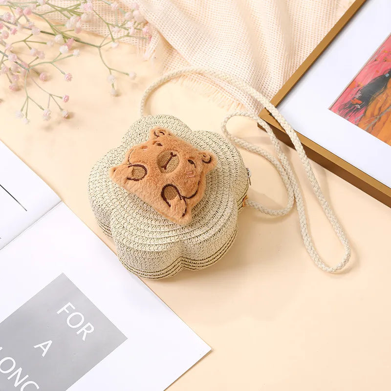 Summer Woven Bag  New Children's Cute Capibala Seaside Vacation Straw Woven Bag Crossbody Coin Purse