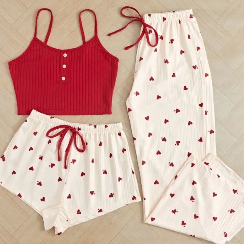 New Heart Shaped Women's Sleepwear Set Cute Summer Home Clothes Three Piece Sweet Style Comfortable Sexy V Neck Sleeveless