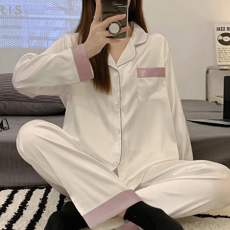 Pure Color Lace Splice Smooth Ice Silk Sleepwear Set Women Long Sleeve Long Pants Two Piece Set High-End Sensation Home Clothes