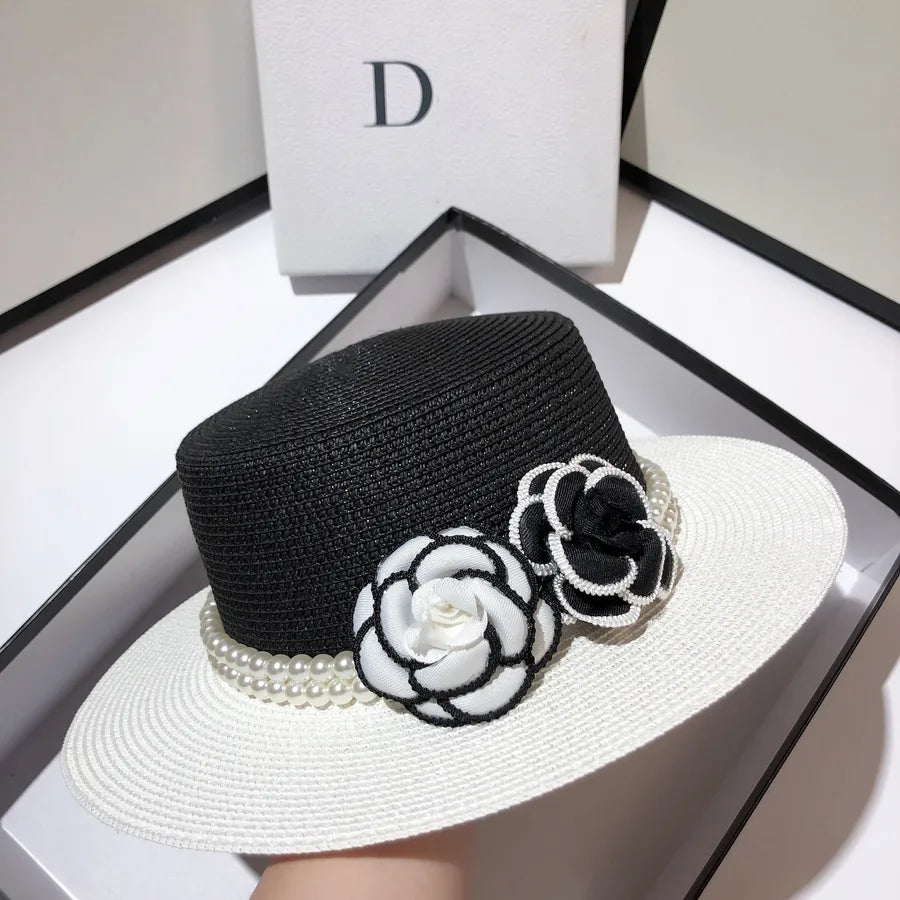 women's elegant pastoral simple style color block flowers big eaves straw hat