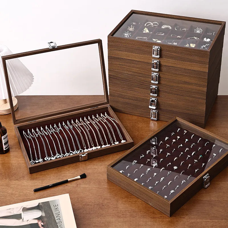 Walnut Wooden Jewelry Storage Box Earring Necklace Ring Organizer Dustproof Display Stand For Vendors Luxury Jewelry Case